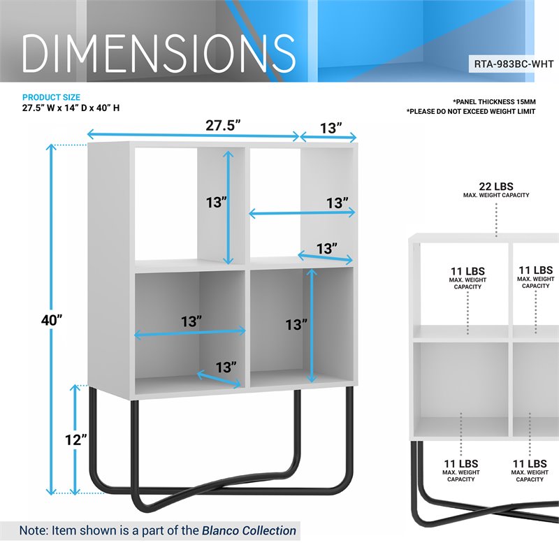 Techni Mobili Allure 2-Shelf Geometric Modern Wood & Metal Bookcase in White
