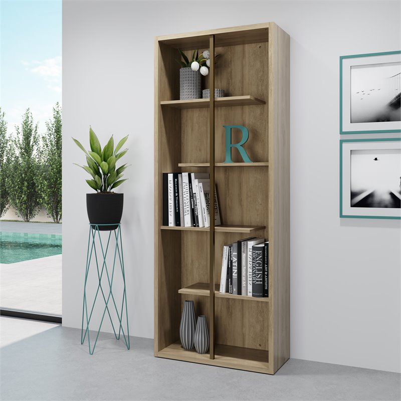 Techni Mobili Cassa 5-Shelf Staggered Modern Wood Bookcase in Pine Brown