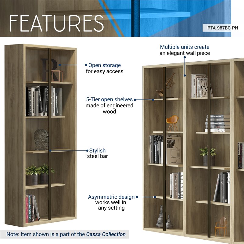 Techni Mobili Cassa 5-Shelf Staggered Modern Wood Bookcase in Pine Brown