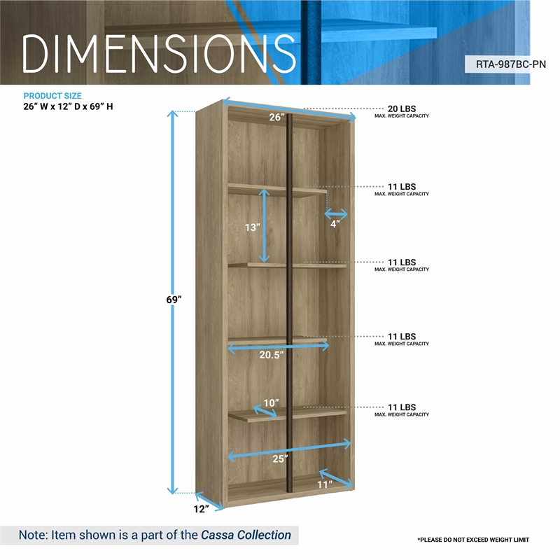 Techni Mobili Cassa 5-Shelf Staggered Modern Wood Bookcase in Pine Brown