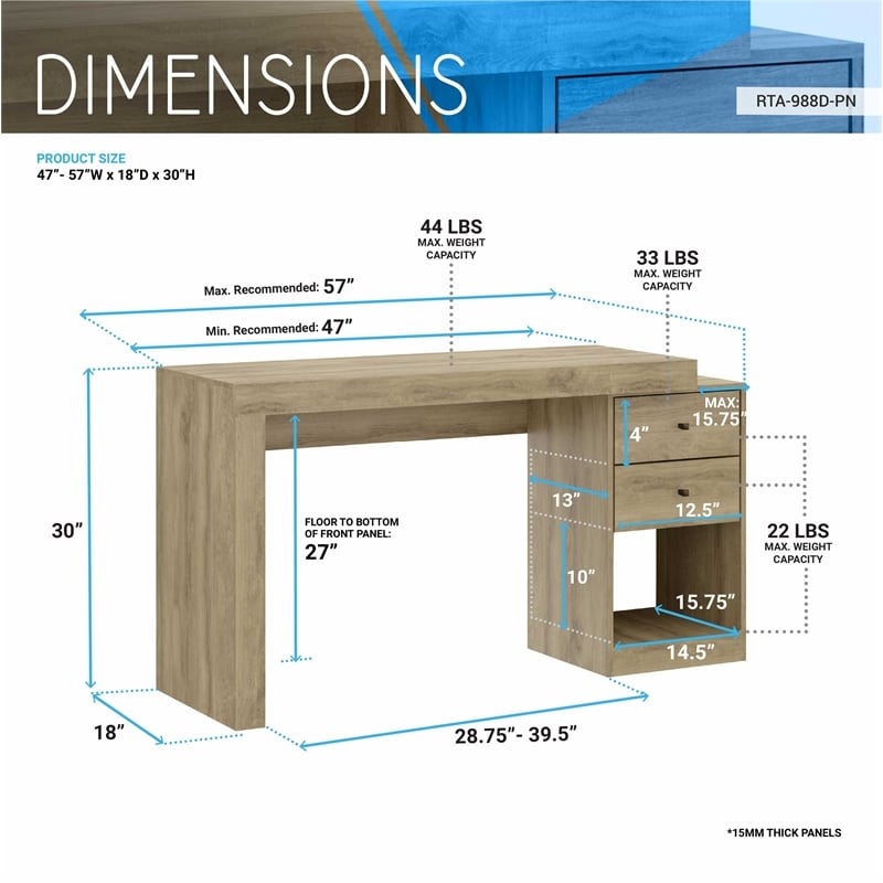 Techni Mobili Cassa Expandable Modern Wood Writing Desk in Pine Brown