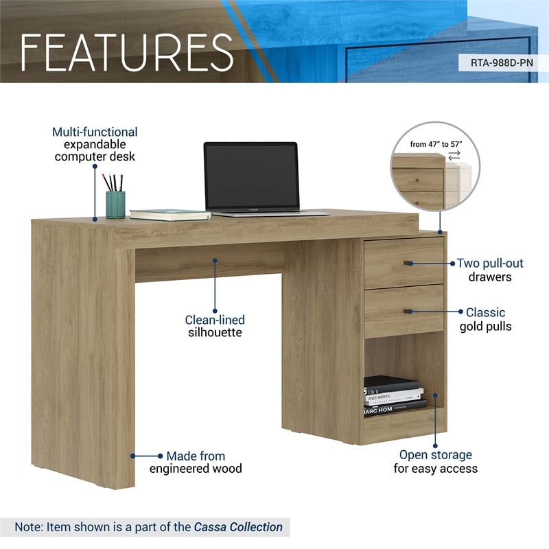 Techni Mobili Cassa Expandable Modern Wood Writing Desk in Pine Brown