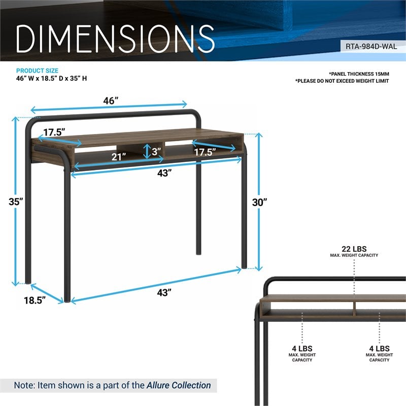 Techni Mobili Allure Modern Wood Workstation Desk with 2 Shelves in Walnut