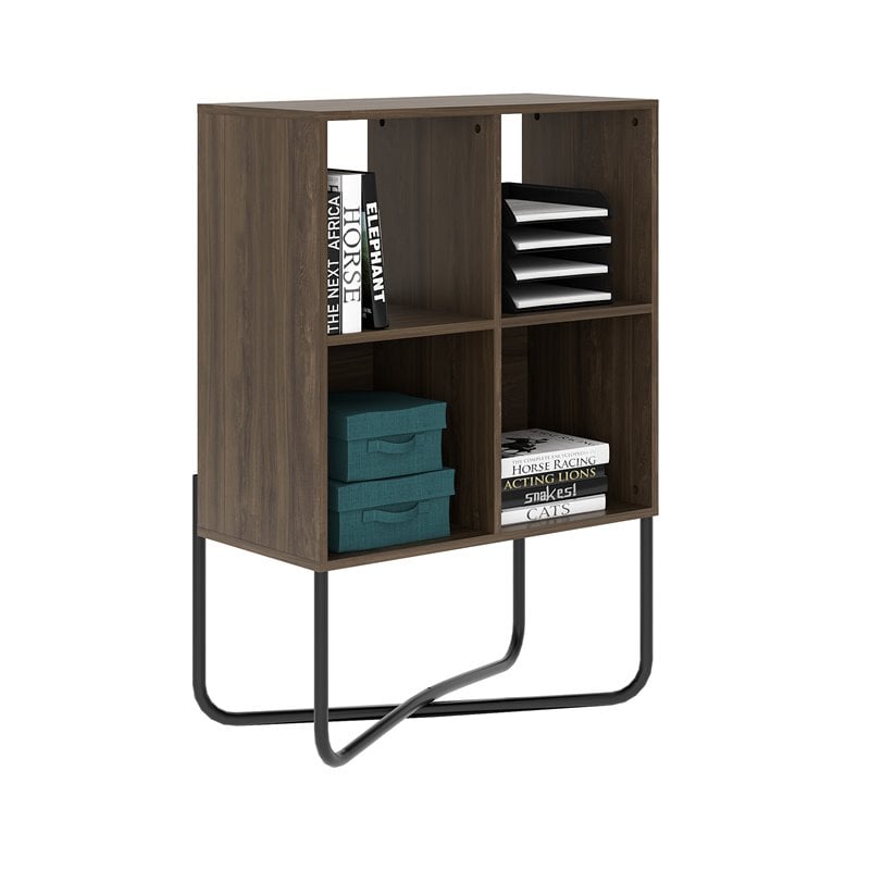 Techni Mobili Allure 2-Shelf Geometric Modern Wood & Metal Bookcase in Walnut