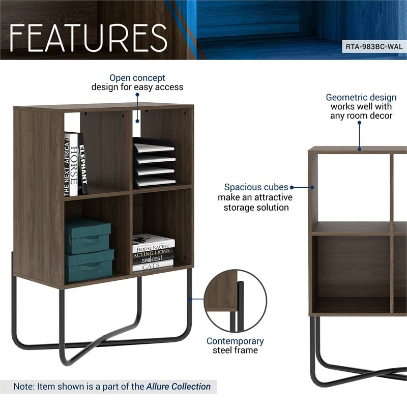 Techni Mobili Allure 2-Shelf Geometric Modern Wood & Metal Bookcase in Walnut