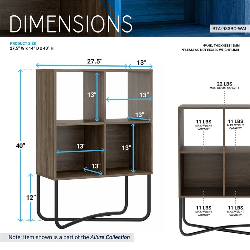 Techni Mobili Allure 2-Shelf Geometric Modern Wood & Metal Bookcase in Walnut