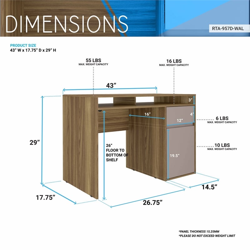 Techni Mobili Modern Engineered Wood Computer Desk with Storage in Walnut