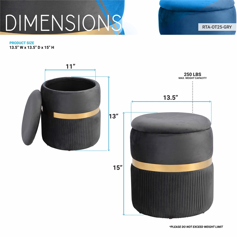 Techni Mobili Modern Fabric Storage Ottoman in Gray/Brushed Gold