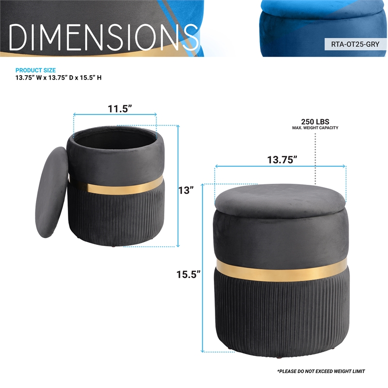 Techni Mobili Modern Fabric Storage Ottoman in Gray/Brushed Gold