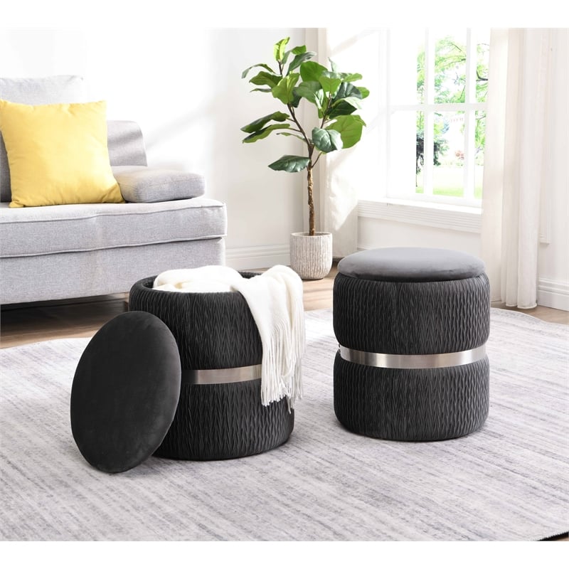 Techni Mobili Modern Fabric Storage Ottoman in Gray/Brushed Silver