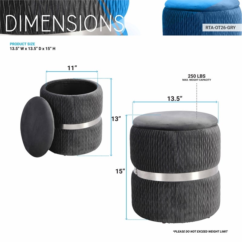 Techni Mobili Modern Fabric Storage Ottoman in Gray/Brushed Silver