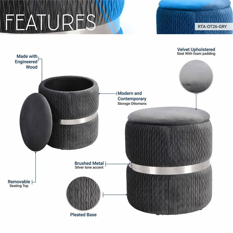 Techni Mobili Modern Fabric Storage Ottoman in Gray/Brushed Silver
