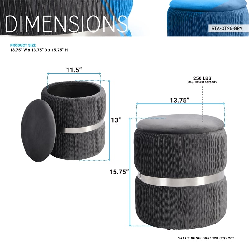 Techni Mobili Modern Fabric Storage Ottoman in Gray/Brushed Silver