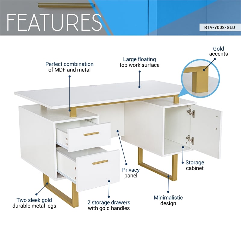 Techni Mobili  Contemporary White Desk with 3 Storage Drawers