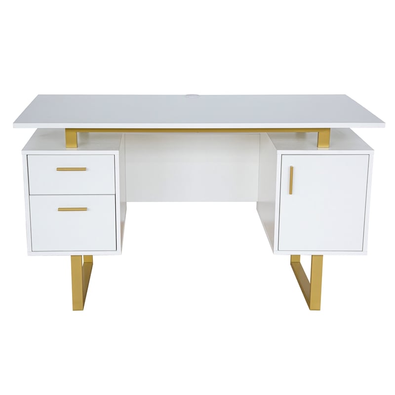 Techni Mobili Wood Desk for Office with Drawers & Storage in White and Gold