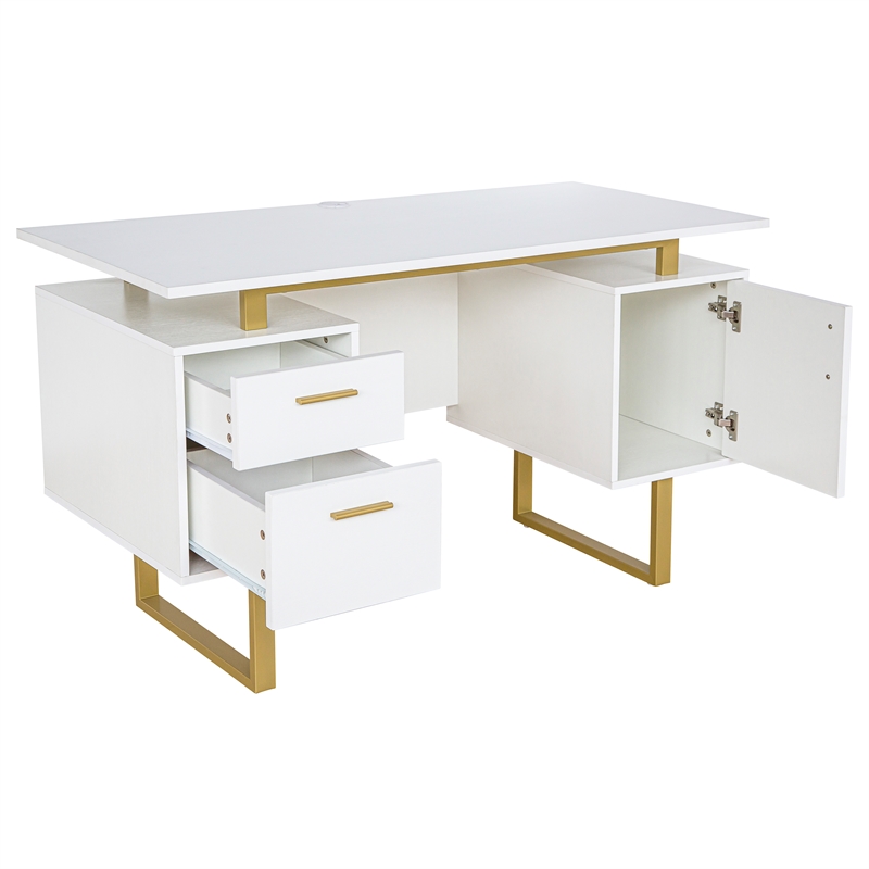 Techni Mobili White and Gold Desk for Office with Drawers & Storage