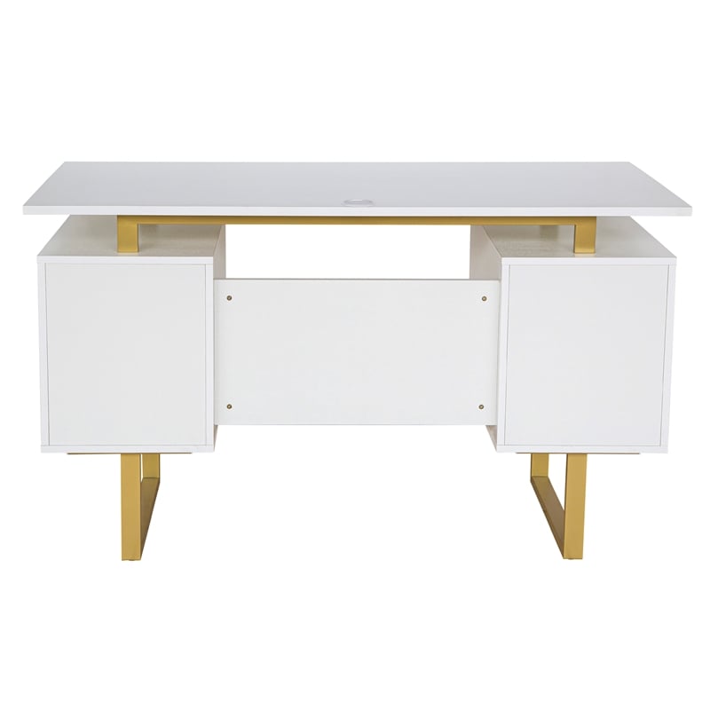 Techni Mobili Wood Desk for Office with Drawers & Storage in White and Gold