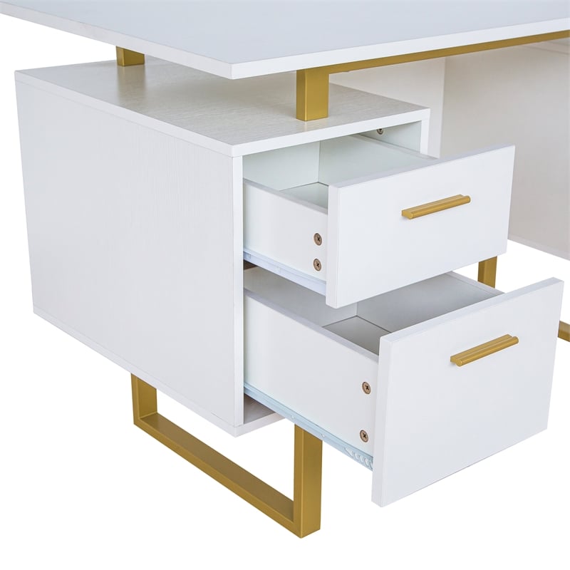 Techni Mobili Wood Desk for Office with Drawers & Storage in White and Gold