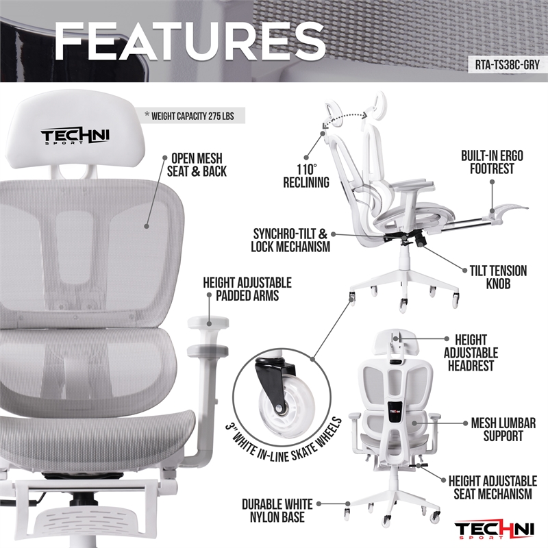 Techni Mobili Modern Sport Mesh Fabric Gaming Chair in White/Gray