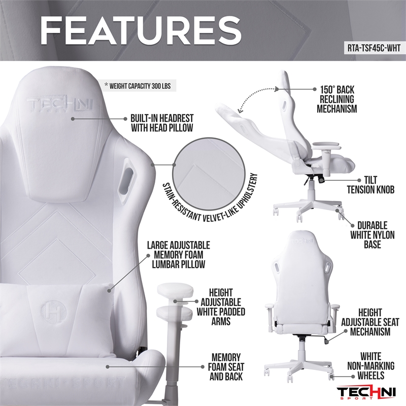 Techni Mobili Modern Sport Velvet Fabric Gaming Chair in White