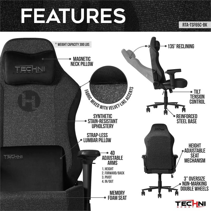 Techni Mobili Modern Velvet Fabric Gaming Chair w/ Height Adjustable in Black