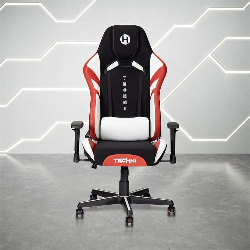 Techni Mobili Modern Fabric Echo Gaming Chair w/ Height Adjustable in Black/Red