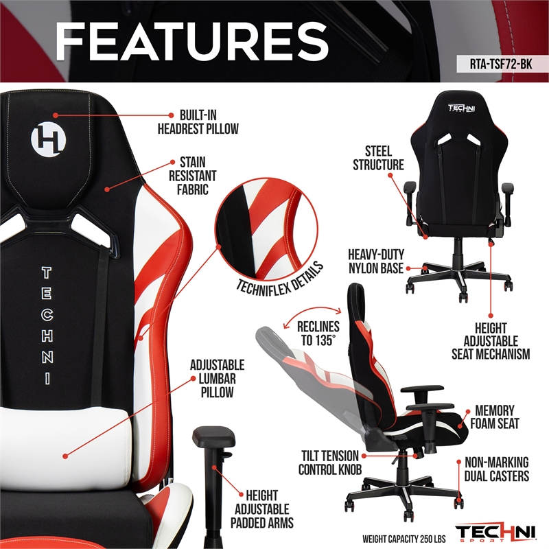Techni Mobili Modern Fabric Echo Gaming Chair w/ Height Adjustable in Black/Red