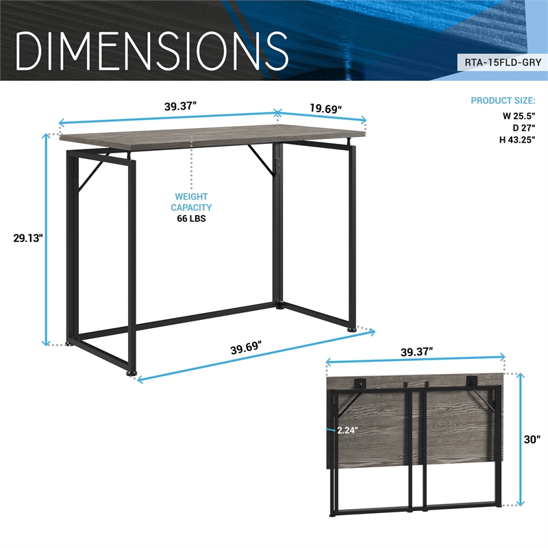 Techni Mobili Modern Wood & Steel Metal Folding Desk in Gray/Black