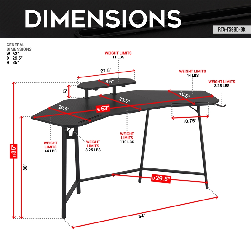 Techni Sport TS98D Gaming Desk with Shelf & Accessory Holders Black