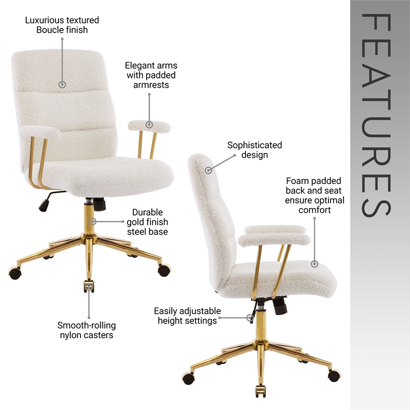 Textured Boucle Fabric White and Gold Office Chair - Height Adjustable Chair