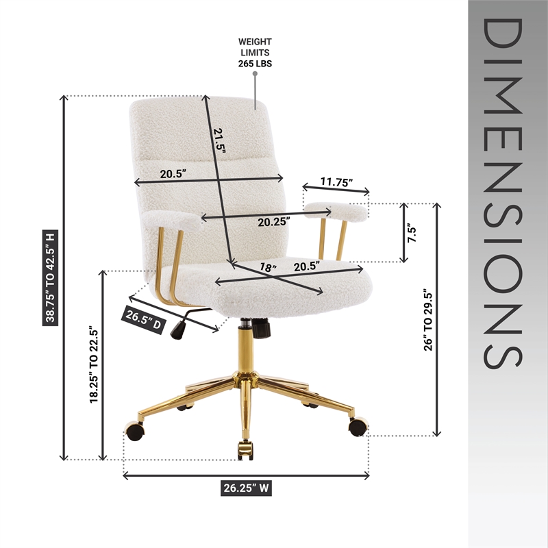 Textured Boucle Fabric White and Gold Office Chair - Height Adjustable Chair