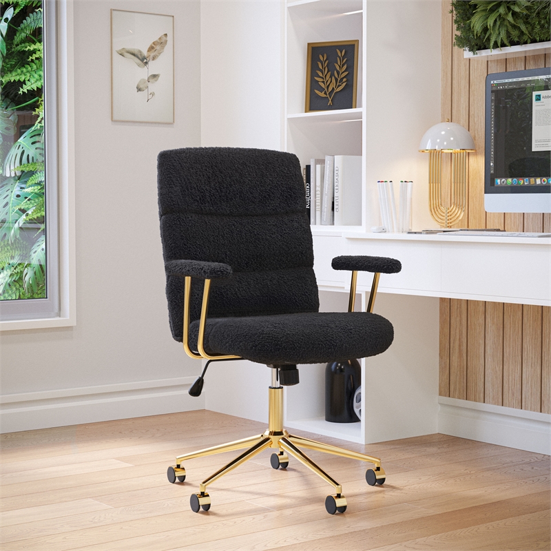 Textured Boucle Fabric Black and Gold Office Chair - Height Adjustable Chair