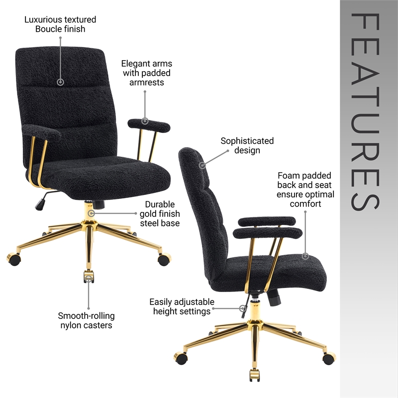 Textured Boucle Fabric Black and Gold Office Chair - Height Adjustable Chair