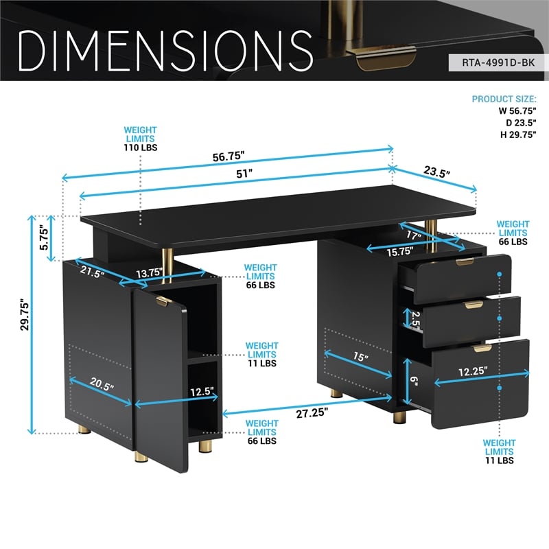 Techni Mobili Executive Desk with 3 Drawers and Cabinet - Black and Gold