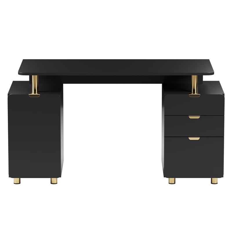Techni Mobili Executive Desk with 3 Drawers and Cabinet - Black and Gold