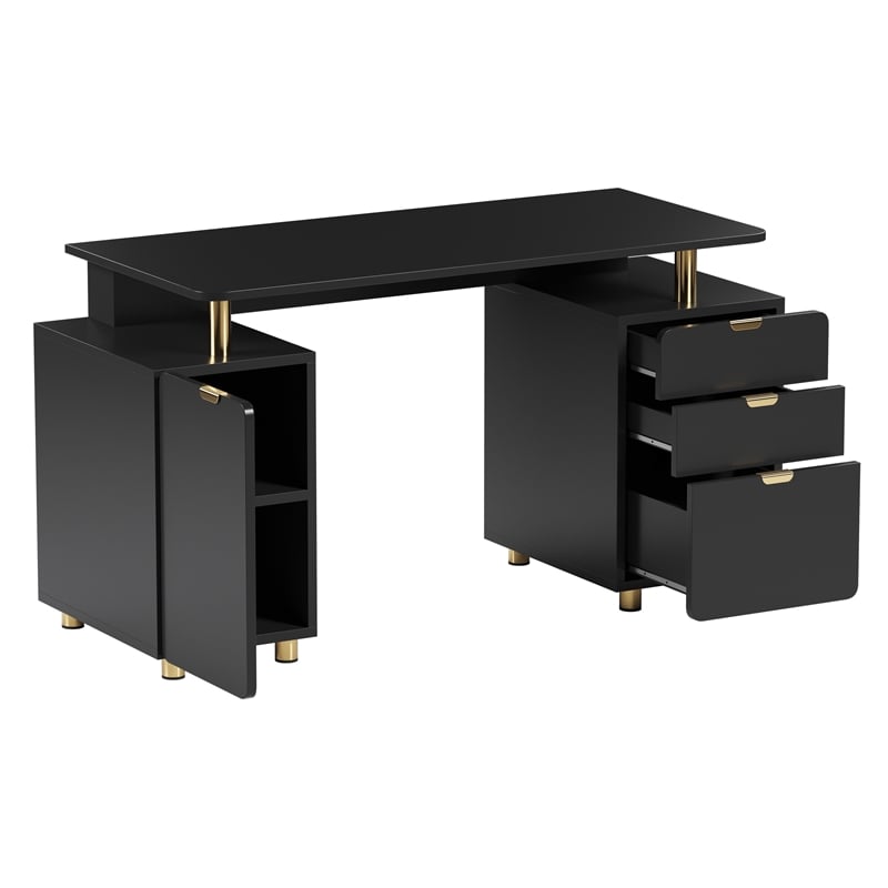 Techni Mobili Executive Desk with 3 Drawers and Cabinet - Black and Gold
