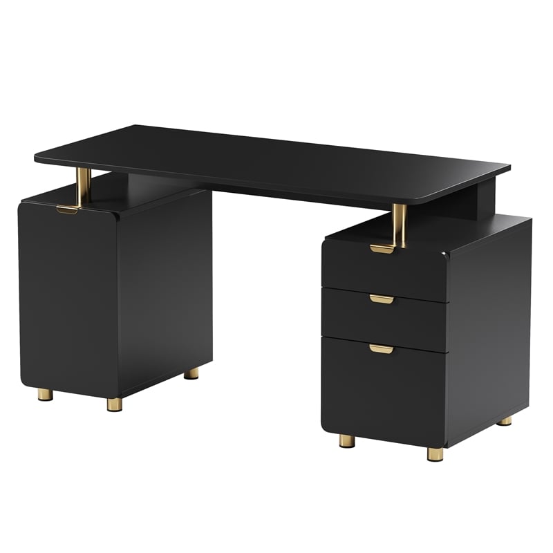 Techni Mobili Executive Desk with 3 Drawers and Cabinet - Black and Gold