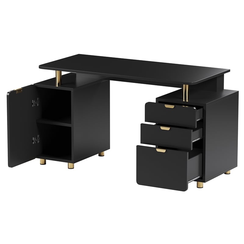 Techni Mobili Executive Desk with 3 Drawers and Cabinet - Black and Gold