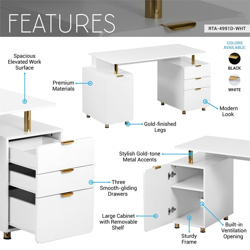 Techni Mobili Executive Desk with 3 Drawers and Cabinet - White and Gold