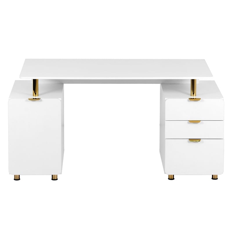 Techni Mobili Executive Desk with 3 Drawers and Cabinet - White and Gold