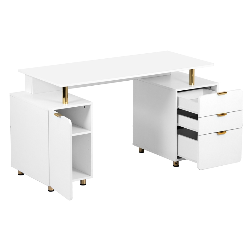 Techni Mobili Executive Desk with 3 Drawers and Cabinet - White and Gold