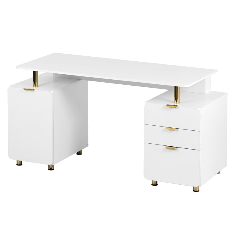 Techni Mobili Executive Desk with 3 Drawers and Cabinet - White and Gold