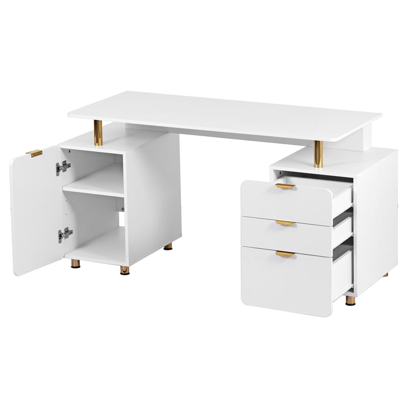Techni Mobili Executive Desk with 3 Drawers and Cabinet - White and Gold