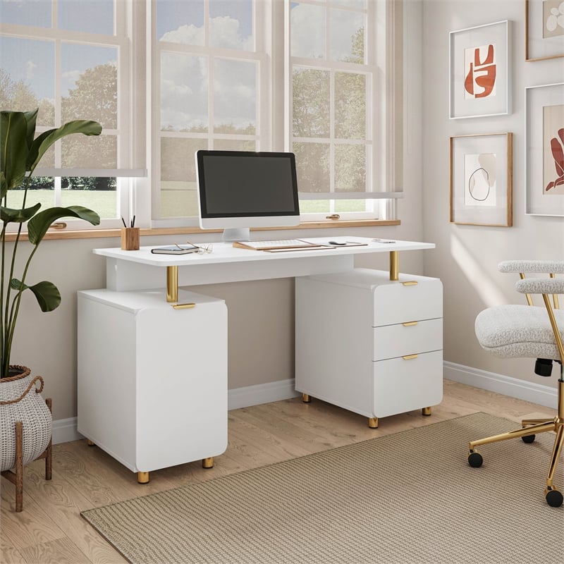 Techni Mobili Executive Desk with 3 Drawers and Cabinet - White and Gold