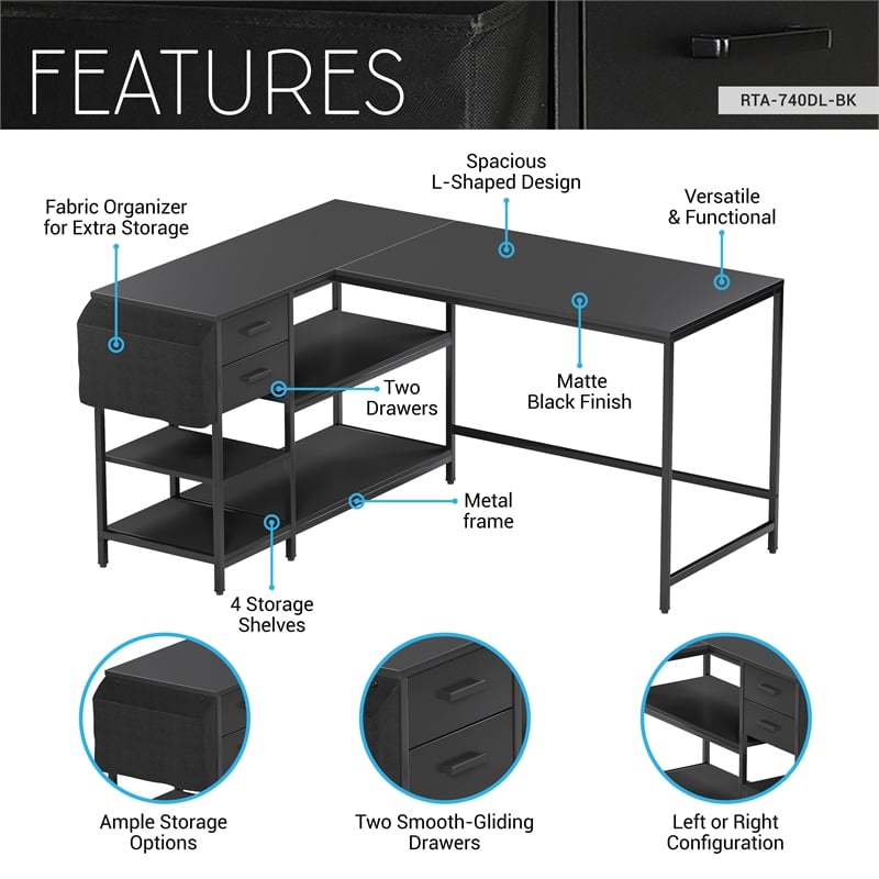 Techni Mobili L-Shaped Desk with Drawers - Shelves and Organizer - Black