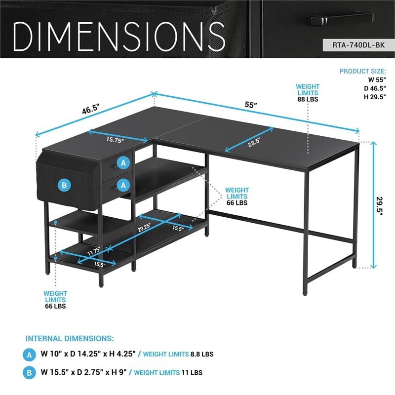 Techni Mobili L-Shaped Desk with Drawers - Shelves and Organizer - Black