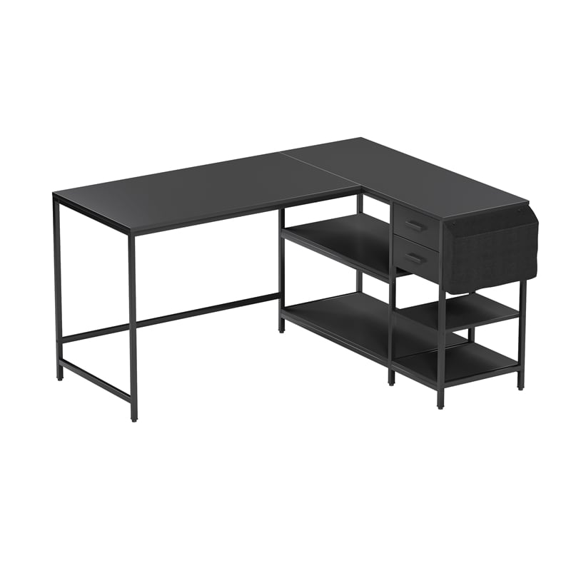 Techni Mobili L-Shaped Desk with Drawers - Shelves and Organizer - Black