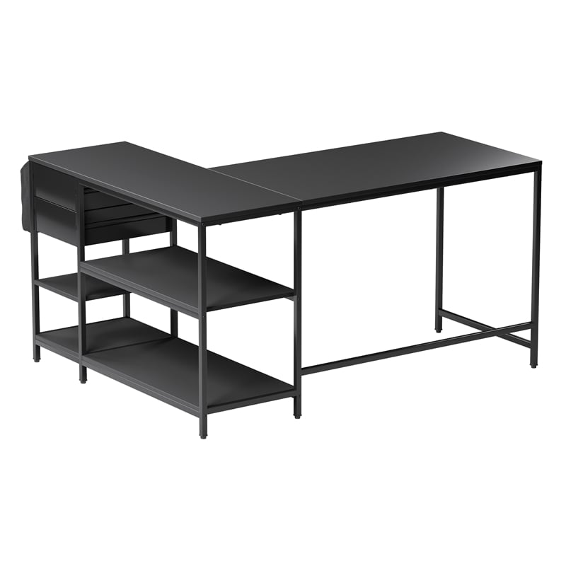 Techni Mobili L-Shaped Desk with Drawers - Shelves and Organizer - Black