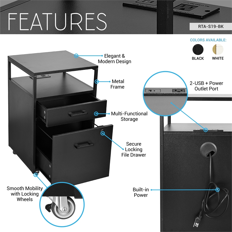 Techni Mobili Black 2-Drawer Rolling Locking File Cabinet w/ USB