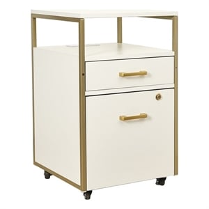 Techni Mobili White & Gold Rolling Locking File Cabinet w/ USB